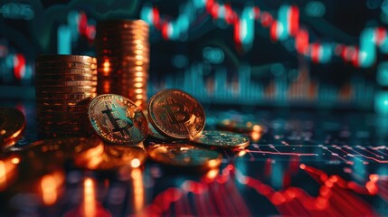 Poster - Coins placed in front of a graph showing a sharp decline, highlighting the severity of an economic crisis