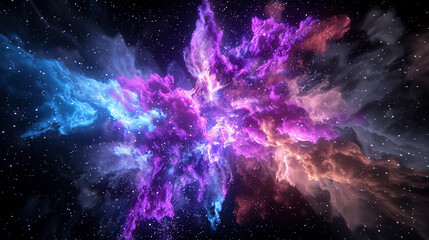 Wall Mural - Spectacular cosmic cloud explosion with black background. Colorful nebula and stars in space. Digital art for wallpaper and creative design, Generative AI.