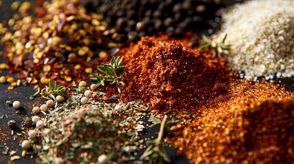 Poster - A close-up image showcasing a variety of spices commonly used for grilling, including black pepper, garlic powder, paprika, and dried herbs, arranged on a kitchen surface. Generative AI