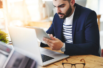 Aufkleber - Office, reading and businessman with tablet for scroll, typing and browsing on online website. Desk, graphic designer and digital for creative inspiration, search and plan with tech for innovation