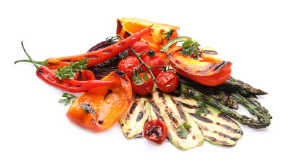 Wall Mural - Different delicious grilled vegetables isolated on white