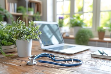 healthcare and medicine background Medical stethoscope and laptop computer on table with copy space Online medical, e-health education, Health business web banner