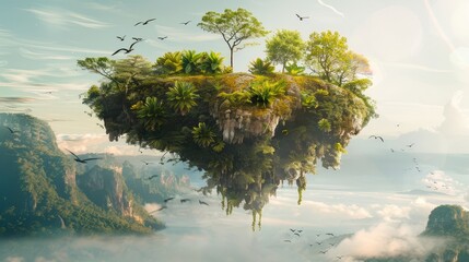 Poster - Lush,verdant floating island filled with towering trees,swaying plants,and flocks of birds soaring through the sky in a surreal,dreamlike landscape,evoking a sense of wonder,tranquility.