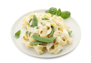 Wall Mural - Delicious pasta with green peas and creamy sauce isolated on white