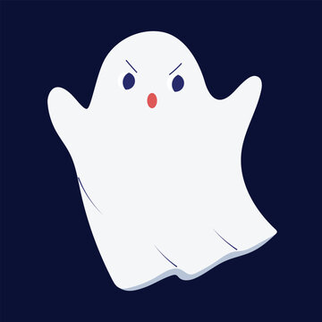 Adorable little ghost flying around, scaring every one, funny Halloween character. Hand drawn vector illustration in cartoon design