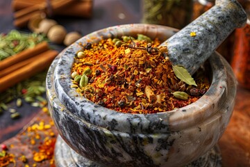 Aufkleber - A close-up of a marble mortar and pestle filled with a vibrant blend of spices, including cinnamon, cloves, cardamom, and coriander. Generative AI
