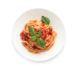 Wall Mural - Delicious pasta with tomato sauce and basil isolated on white, top view