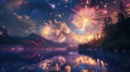 Wall Mural - Capture the wonder of a fireworks show with a striking stock photo featuring a picturesque landscape illustration lit up by dazzling bursts of color, creating a scene of enchantment and delight. 