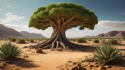 Wall Mural - Fantasy landscape of of climate desert with a single huge tropical tree in the middle of sands, opposition, nature and environment concept