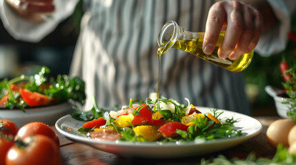 A chef drizzling olive oil over a fresh salad. Close up Hand pouring olive oil onto fresh salad with tomatoes and greens. 