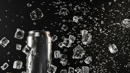 Poster - Empty aluminium can mockup with flying ice cubes and splash isolated on black background : Generative AI