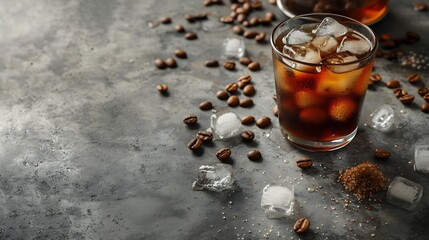 Poster - Glass with iced coffee drink coffee maker coffee bean and sugar on gray background : Generative AI