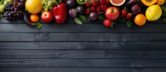 Wall Mural - Fresh and colorful fruits and vegetables displayed on a stylish black wooden backdrop from above with empty space for text.