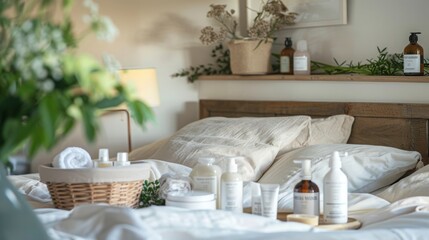 Poster - A bedroom with white bedding, a wicker basket with towels and bottles, and a tray of natural beauty products.
