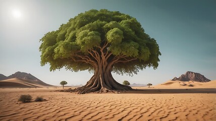 Wall Mural - Fantasy landscape of of climate desert with a single huge tropical tree in the middle of sands, opposition, nature and environment concept