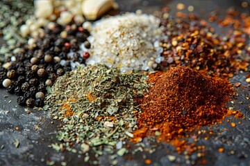 Poster - A close-up of a variety of spices laid out on a kitchen countertop, including black pepper, garlic powder, paprika, and dried herbs. Generative AI