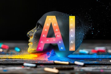 Canvas Print - Futuristic AI face with vibrant neon lights and intricate details symbolizing advanced technology and digital innovation