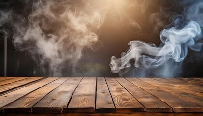 Product Presentation Mockup - Smoke, Wooden Table on Dark Background
