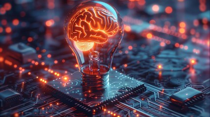 Poster - A 3D render of a sleek, metallic light bulb with an AI brain pattern inside, surrounded by a holographic circuit board on a dark, futuristic background. The vibrant neon colors. Generative AI.