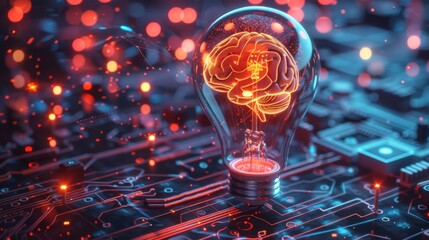 Wall Mural - A 3D render of a sleek, metallic light bulb with an AI brain pattern inside, surrounded by a holographic circuit board on a dark, futuristic background. The vibrant neon colors. Generative AI.