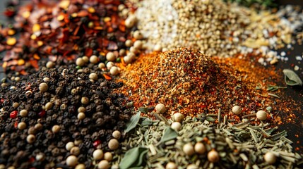 Aufkleber - A close-up shot of a variety of spices, including black pepper, garlic powder, paprika, and dried herbs, arranged on a kitchen countertop. Generative AI