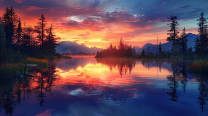 Wall Mural - A beautiful sunset over a lake with trees in the background
