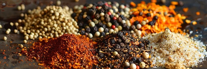 Aufkleber - Various spices, including black pepper, garlic powder, paprika, and dried herbs, are spread out on a kitchen countertop. Generative AI