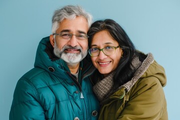 Wall Mural - Portrait of a blissful indian couple in their 50s wearing a warm parka while standing against solid color backdrop