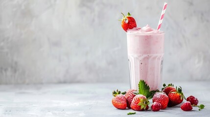 Aufkleber - A glass of strawberry milkshake or smoothie with strawberries on a light background with fresh berries Healthy food and drink concept Copy space : Generative AI