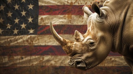 Powerful white rhinoceros standing in front of the American flag with blank copy space for text,graphics,or design elements. Symbolic,patriotic,and minimalist backdrop with a bold,fierce.