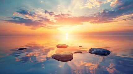 Canvas Print - Serene sunset over a tranquil sea,with rocks reflecting in the calm water,creating a peaceful and picturesque coastal scene. The scene exudes a sense of tranquility,harmony,and natural beauty.