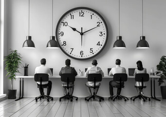 Poster - Team Working in Modern Office with Large Clock on Wall Illustrating Time Management, Collaboration, Productivity, and Workplace Efficiency for Business Success Concept