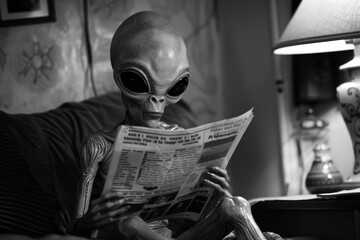 Black and white image of an extraterrestrial being engrossed in reading the latest news