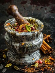 Aufkleber - A close-up shot of a marble mortar and pestle filled with a colorful blend of spices, including cinnamon, cloves, cardamom, and coriander. Generative AI