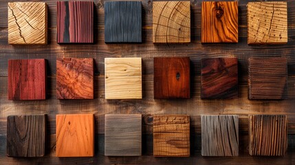 Variety of Wood Samples. A collection of different wood samples displayed from a top-down view, highlighting the diverse textures and colors of wood.