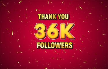 Canvas Print - Golden 36K isolated on red background with golden confetti, Thank you followers peoples, 36K online social group,37K
