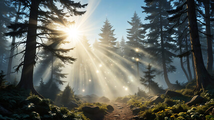the forest is penetrated by the sun's rays, glowing dust, fireflies