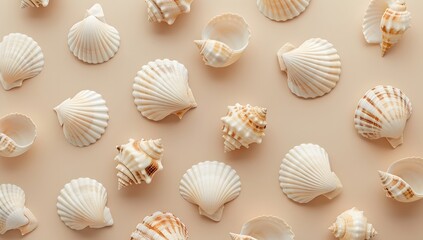 Seashell patterns on a beige background, top view. A summer concept