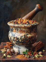 Aufkleber - A marble mortar and pestle filled with colorful spices, including cinnamon, cloves, cardamom, and coriander. Generative AI