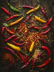 Aufkleber - A vibrant collection of fresh and dried chili peppers, showcasing various colors and shapes, rests on a rustic wooden surface. Generative AI