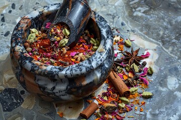Aufkleber - A close-up view of a marble mortar and pestle filled with a colorful blend of spices, including cinnamon, cloves, cardamom, and coriander. Generative AI