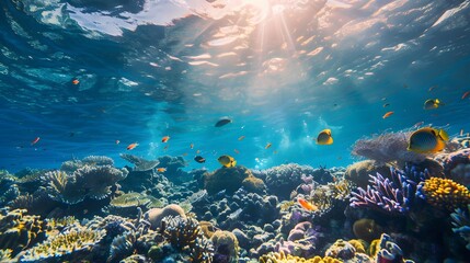 Beautiful underwater scenery with various types of fish and coral reefs Generative AI