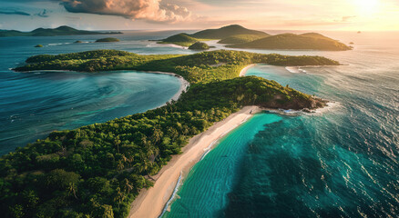 Wall Mural - An aerial view of the pristine island, showcasing its white sandy beaches and turquoise waters.