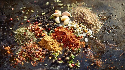 Aufkleber - A close-up shot of various spices, including black pepper, garlic powder, paprika, and dried herbs, laid out on a dark kitchen surface, ready for grilling. Generative AI