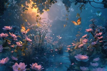 Sticker - enchanting floral dreamscape with butterflies whimsical aigenerated fantasy environment