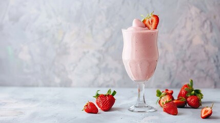 Aufkleber - A glass of strawberry milkshake or smoothie with strawberries on a light background with fresh berries Healthy food and drink concept Copy space : Generative AI