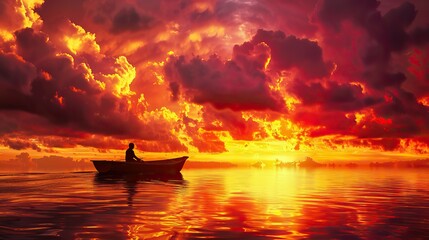 Wall Mural - A silhouette of a man rowing a boat against a backdrop of a fiery orange sunset, the clouds ablaze with hues of red, gold, and purple. Isolated on a clean background 