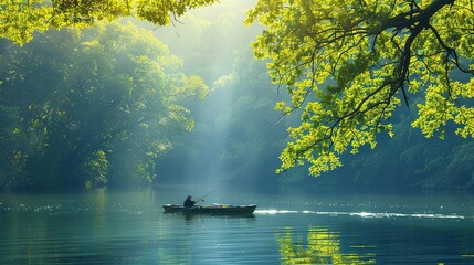 Wall Mural - A solitary rower casting a fishing line into the tranquil waters of a lake, the sunbeams piercing through the canopy of trees above. Isolated on a clean background