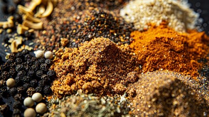 Poster - A close-up shot of various spices, including black pepper, garlic powder, paprika, and dried herbs, spread out on a kitchen surface. Generative AI