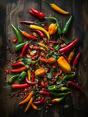 Poster - A vibrant mix of fresh and dried chili peppers, including various colors and shapes, are artistically displayed on a rustic wooden surface. Generative AI